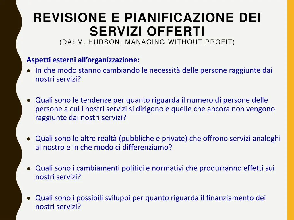 revisione e pianificazione dei servizi offerti