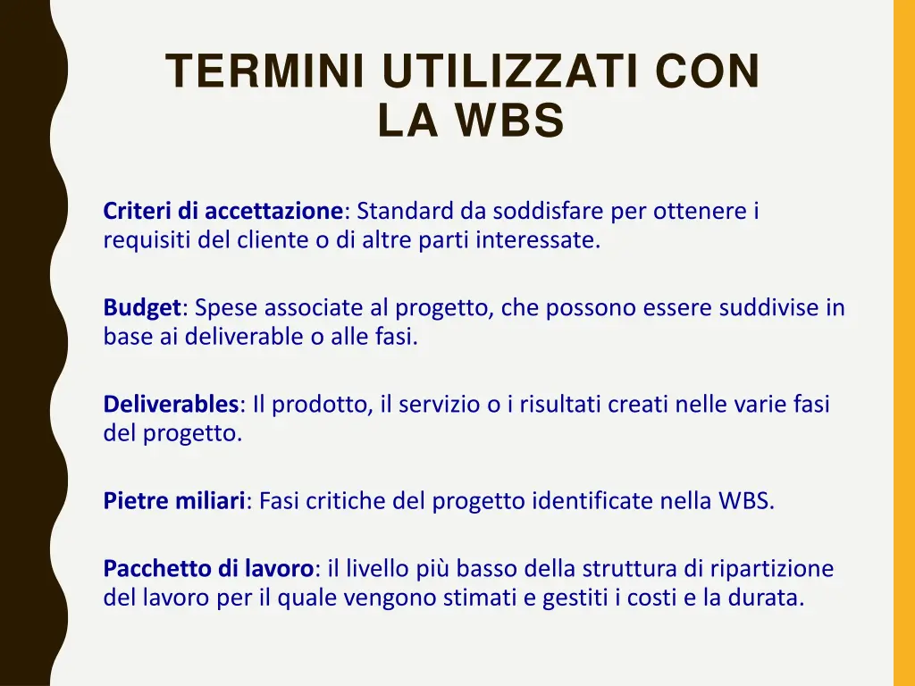 termini utilizzati con la wbs