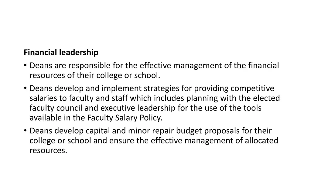 financial leadership deans are responsible