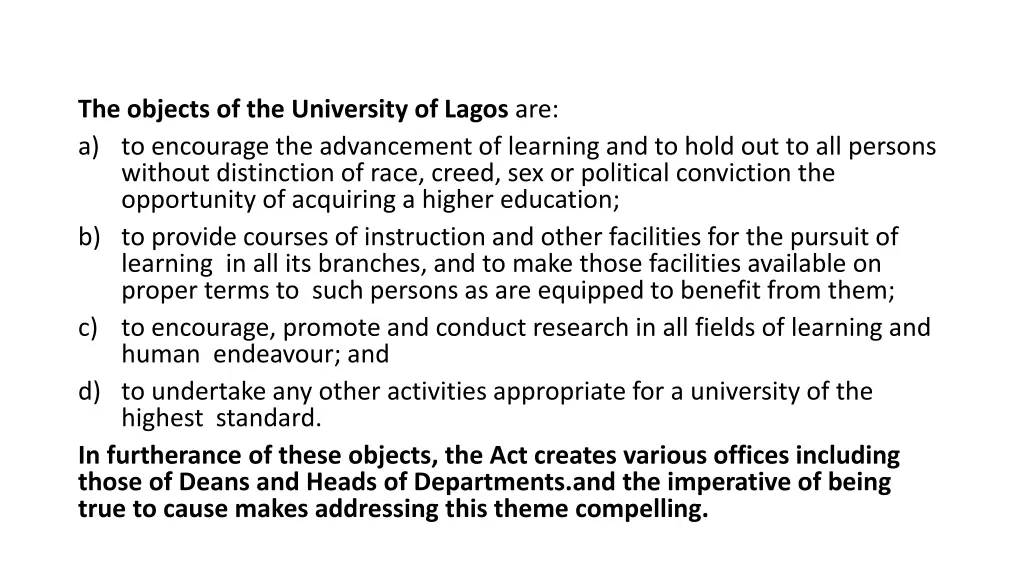 the objects of the university of lagos