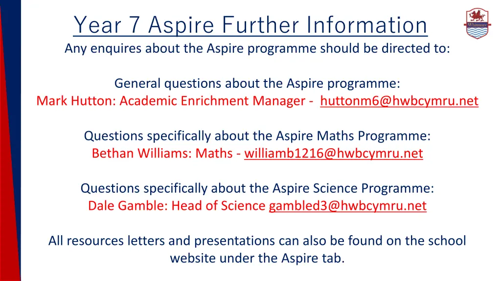 year 7 aspire further information