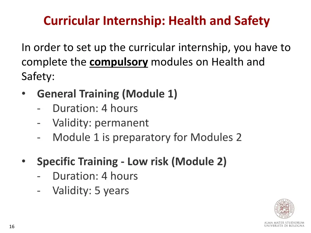 curricular internship health and safety