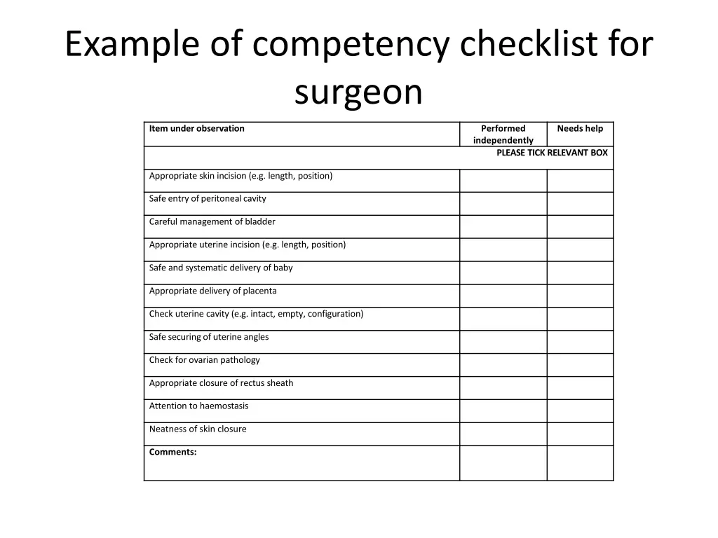 example of competency checklist for surgeon