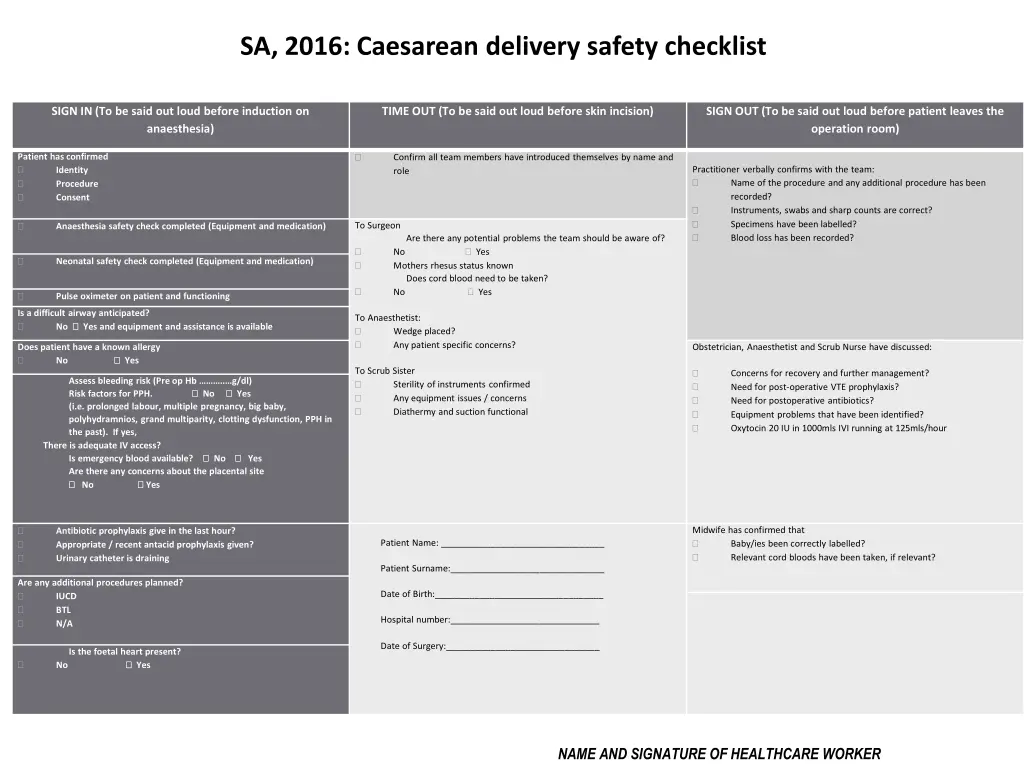 sa 2016 caesarean delivery safety checklist