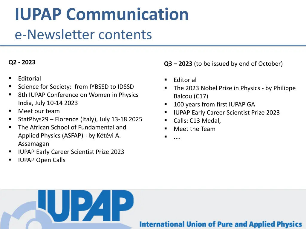 iupap communication e newsletter contents