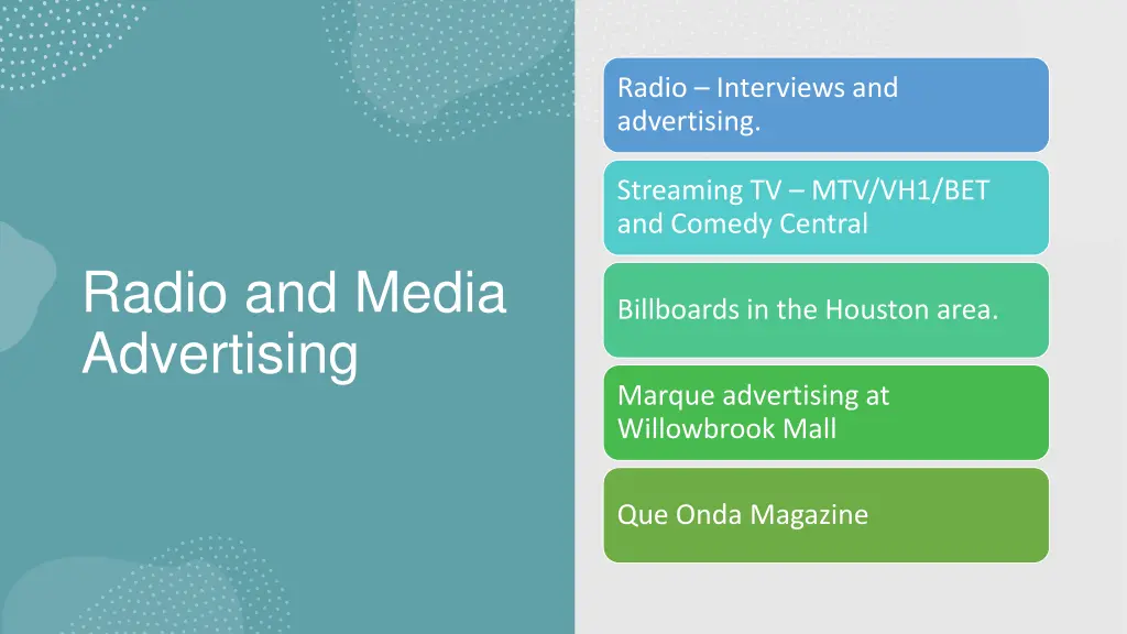 radio interviews and advertising