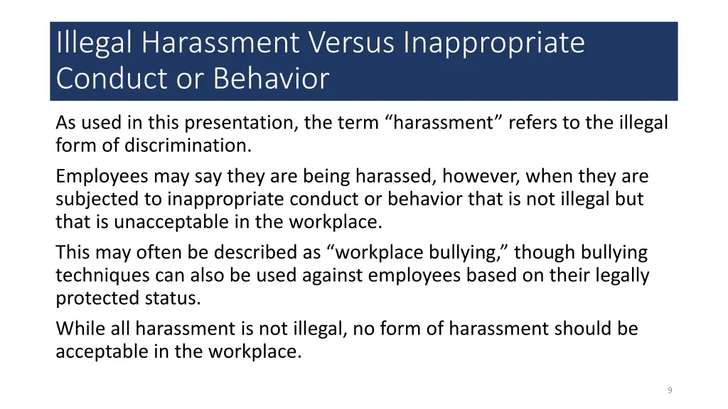 illegal harassment versus inappropriate conduct