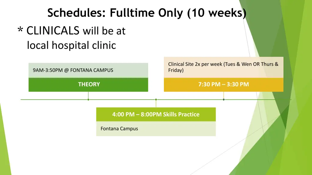 schedules fulltime only 10 weeks clinicals will