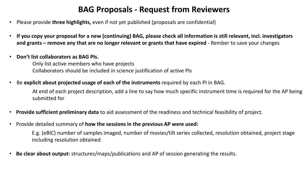 bag proposals request from reviewers