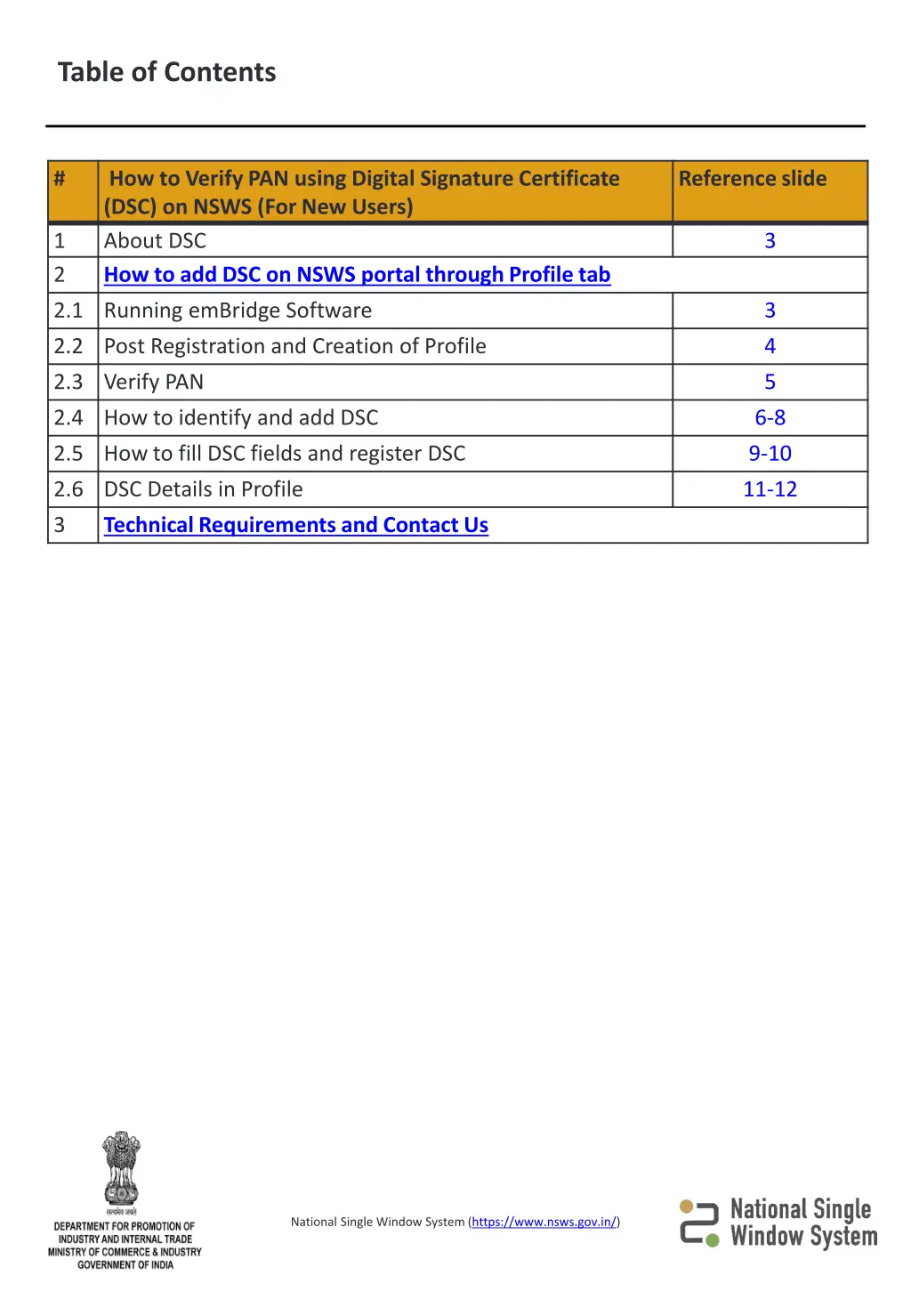 table of contents