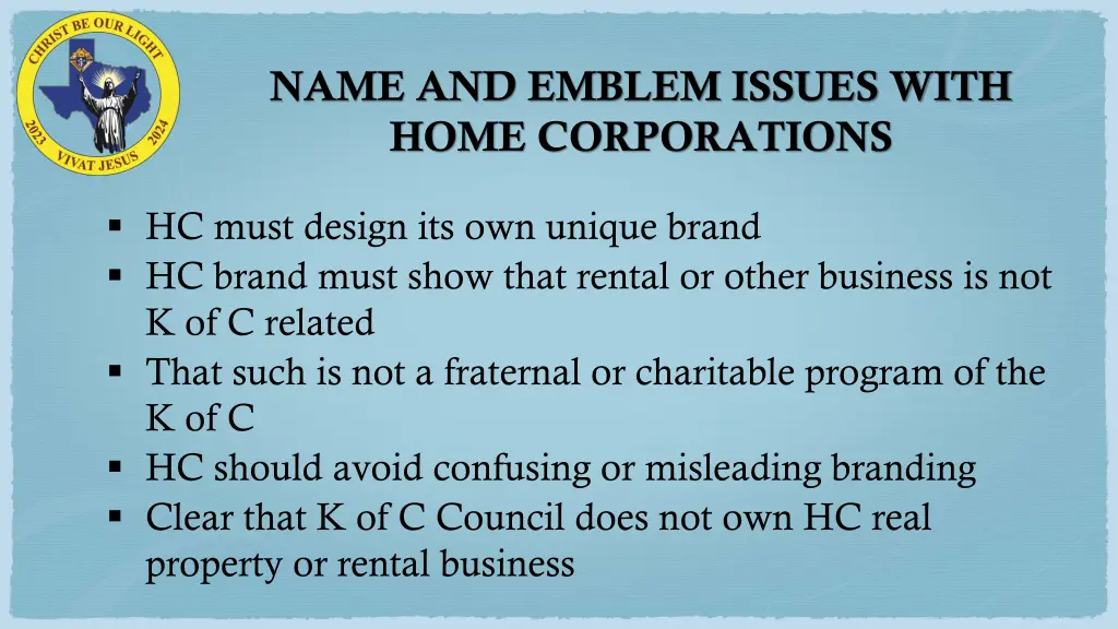 name and emblem issues with home corporations 1