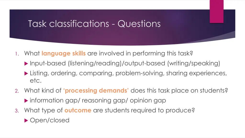 task classifications questions