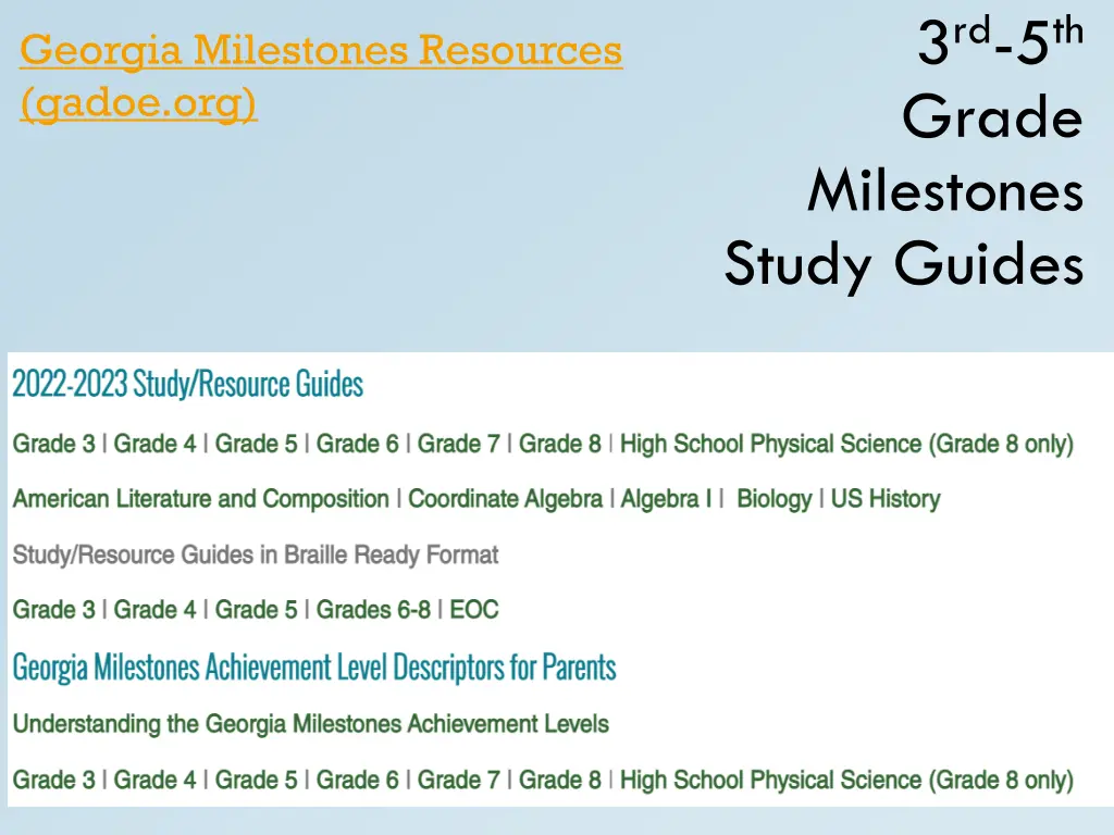 3 rd 5 th grade milestones study guides