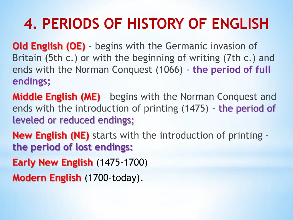 4 periods of history of english