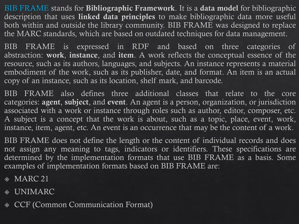 bib frame stands for bibliographic framework