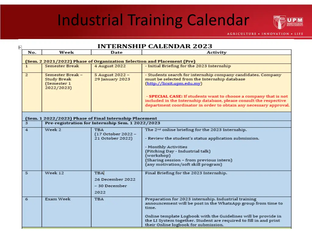 industrial training calendar 1