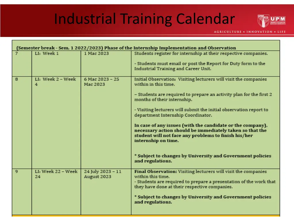 industrial training calendar 2