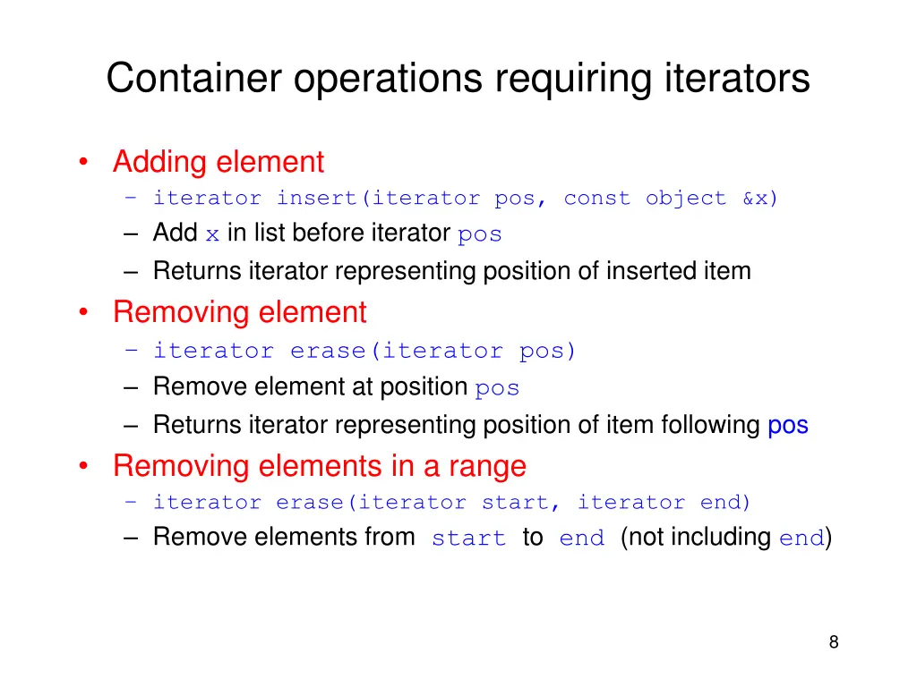 container operations requiring iterators