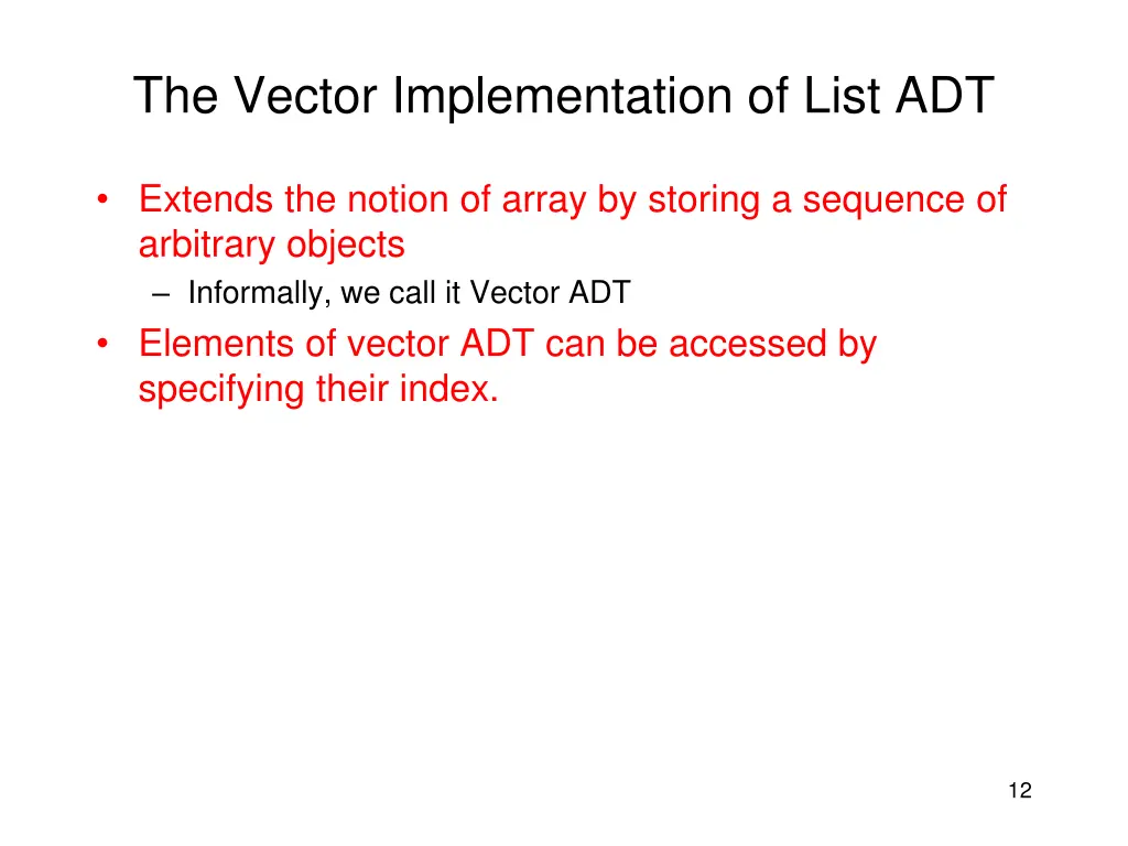 the vector implementation of list adt