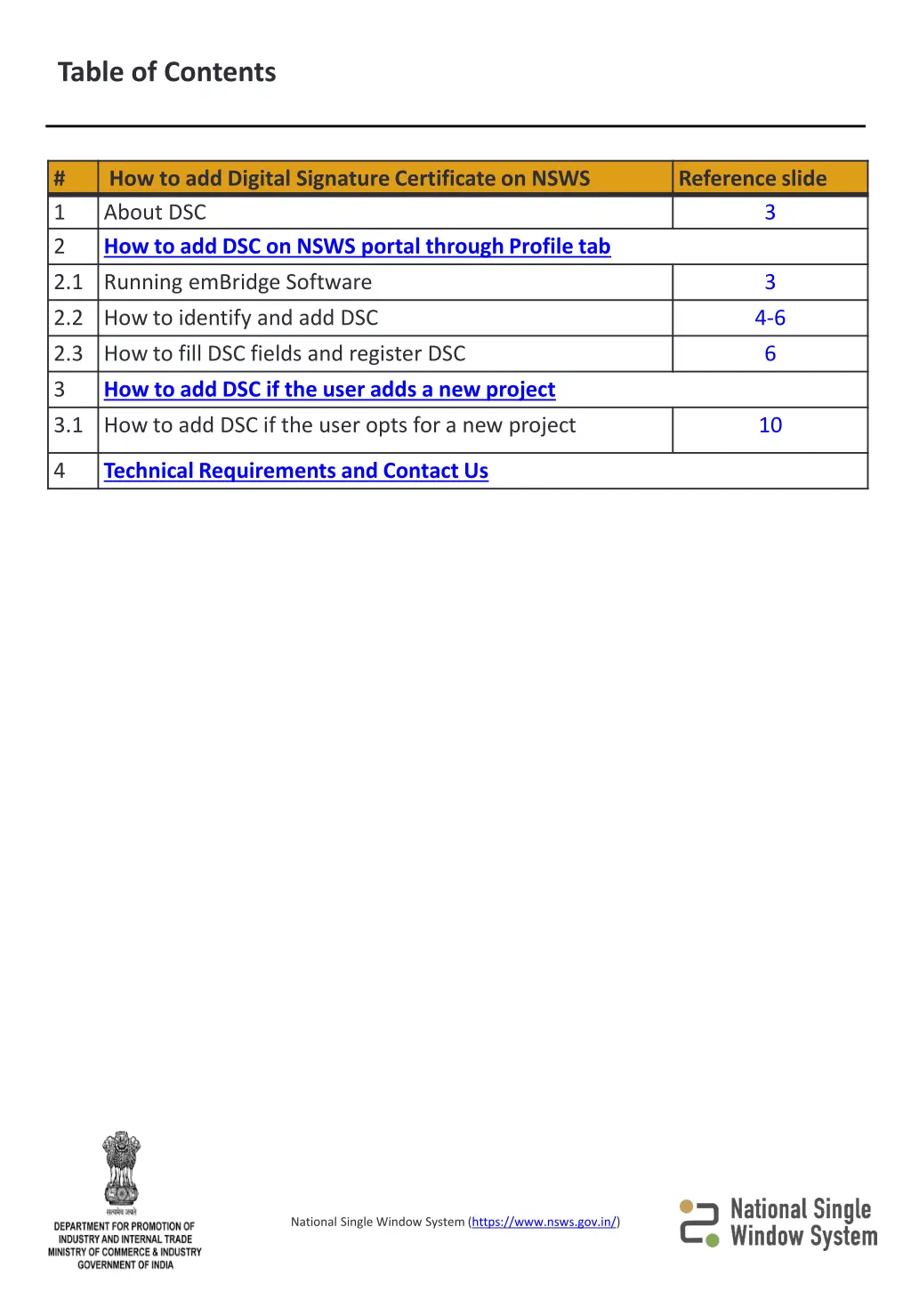 table of contents