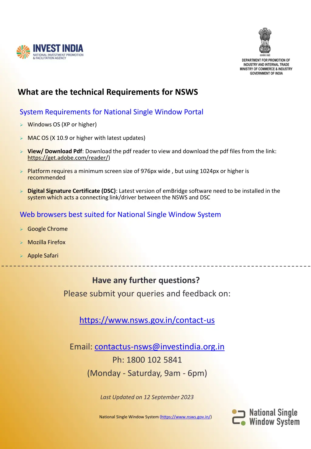 what are the technical requirements for nsws