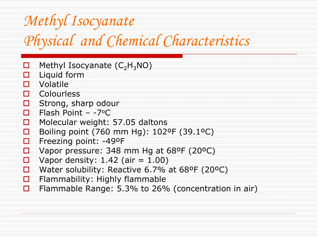 methyl isocyanate physical and chemical