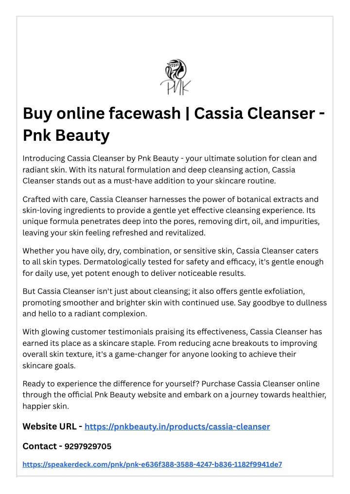 buy online facewash cassia cleanser pnk beauty
