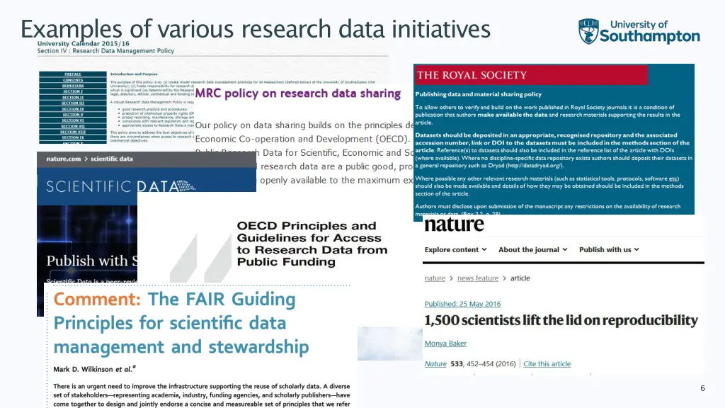 examples of various research data initiatives