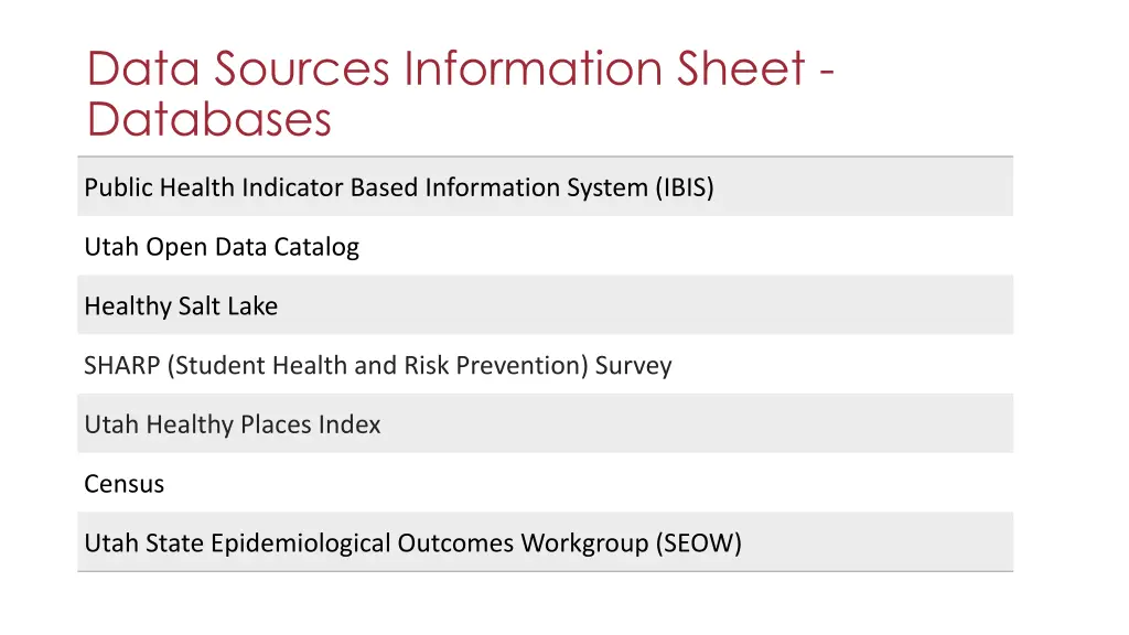 data sources information sheet databases