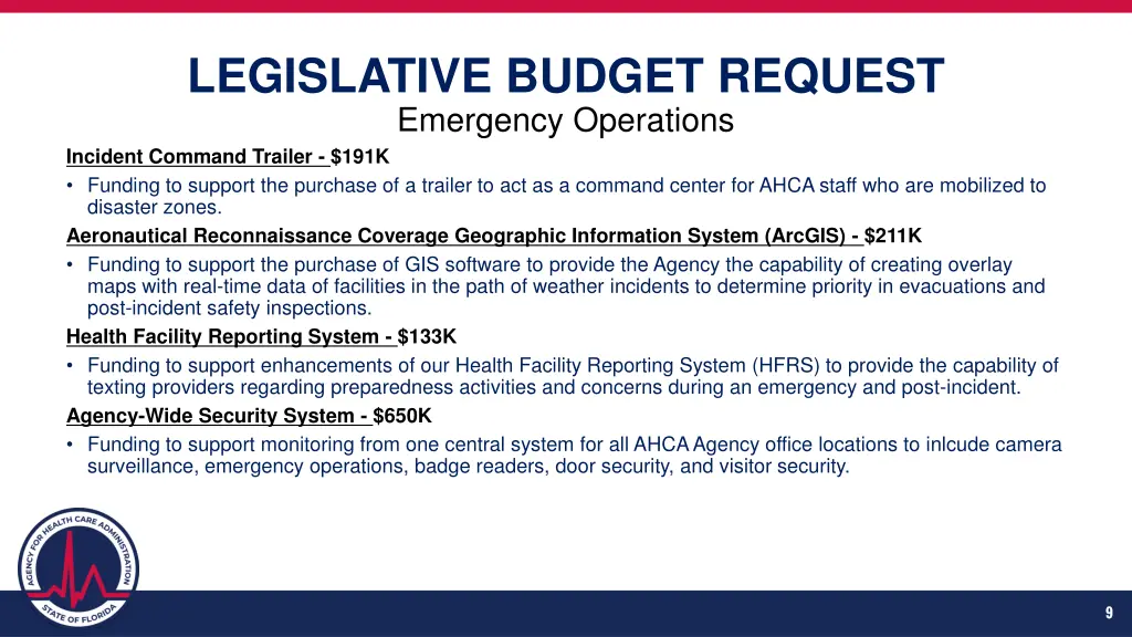 legislative budget request emergency operations