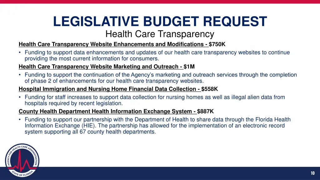 legislative budget request health care