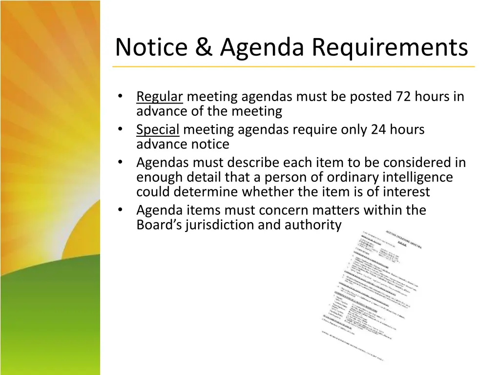 notice agenda requirements