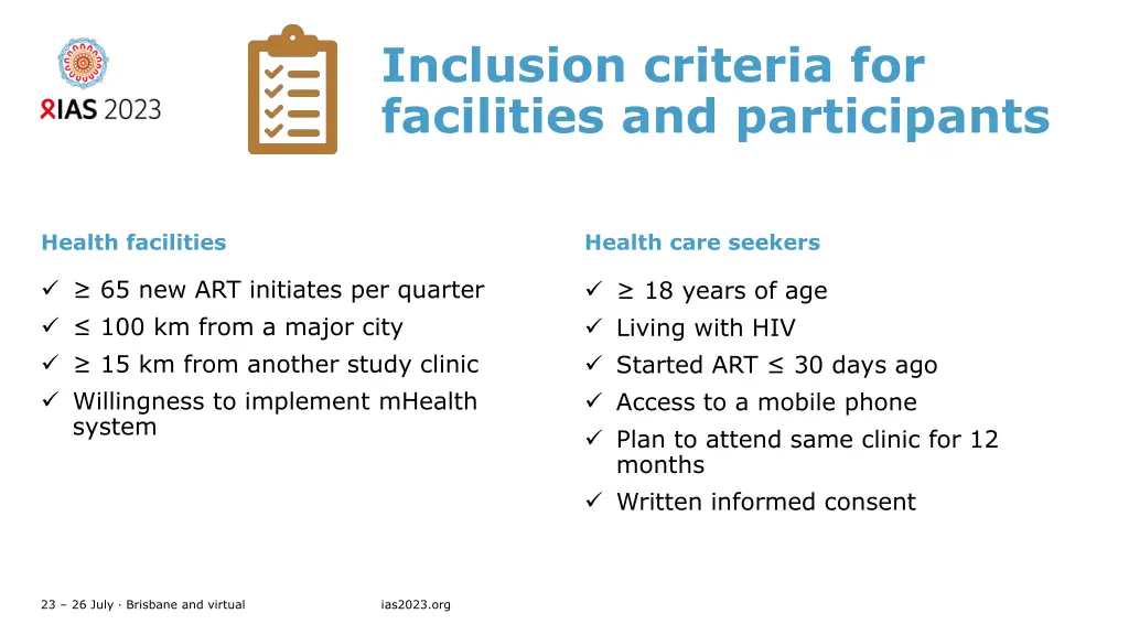 inclusion criteria for facilities and participants