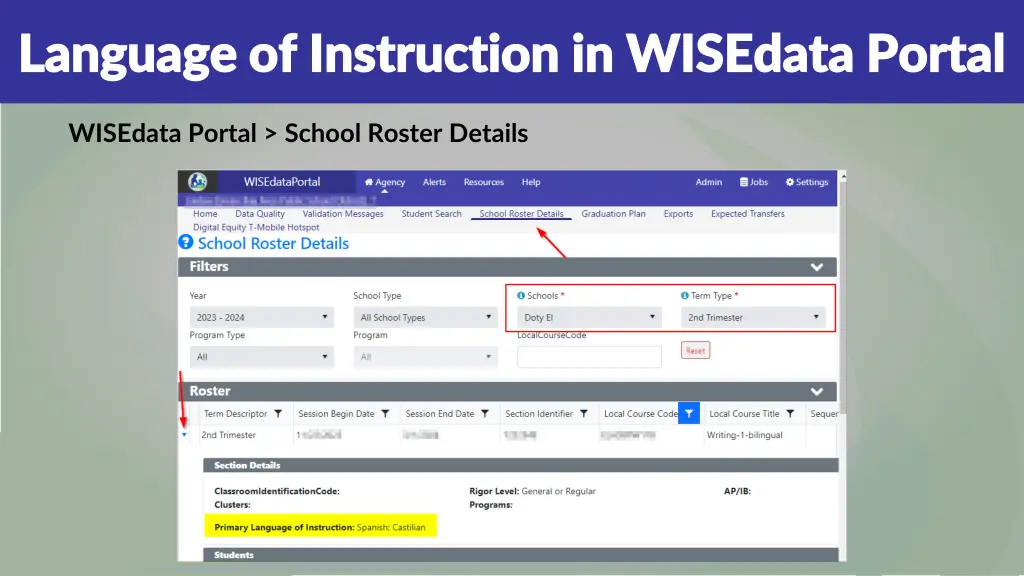 language of instruction in wisedata portal