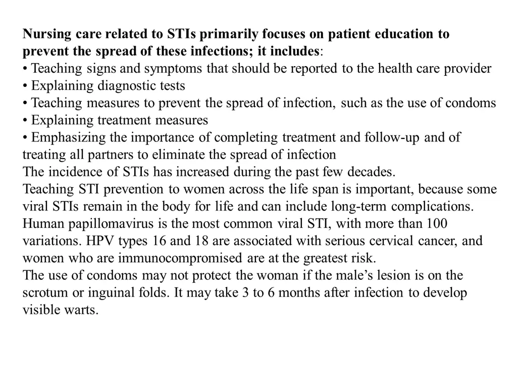 nursing care related to stis primarily focuses