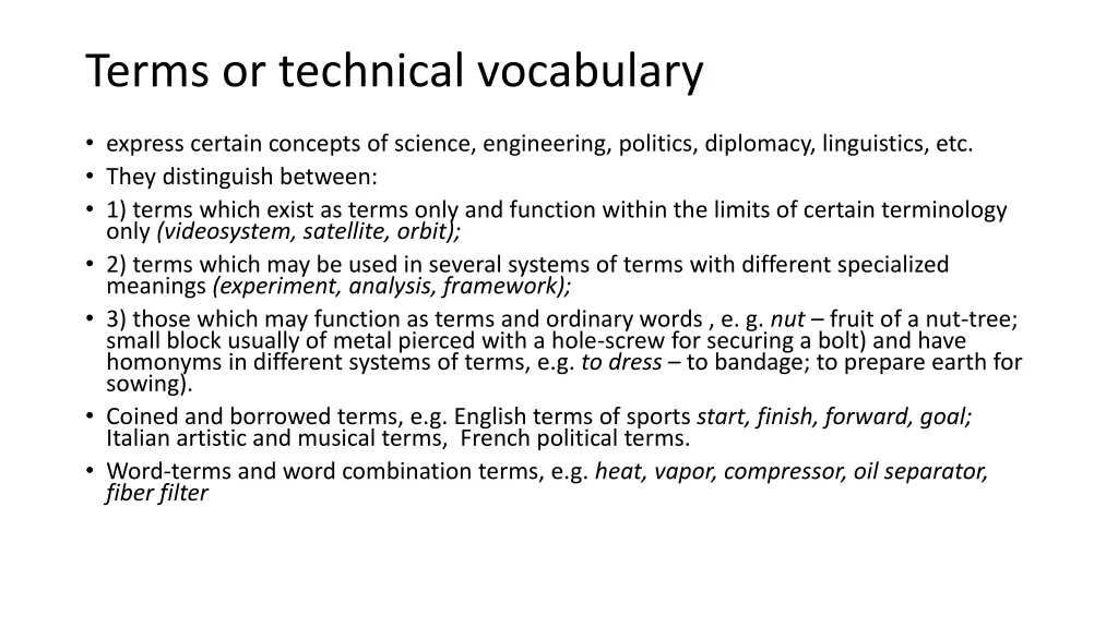 terms or technical vocabulary