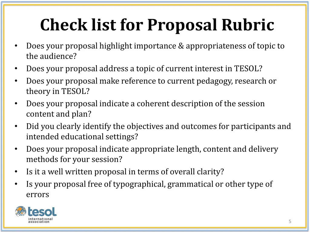 check list for proposal rubric