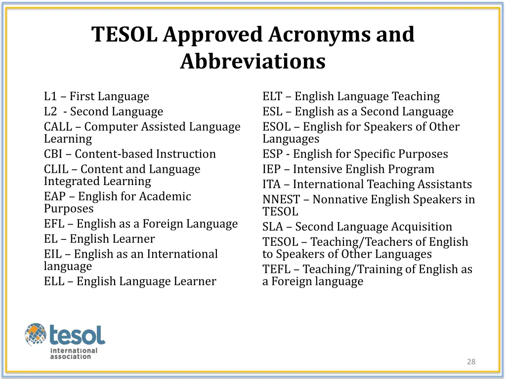tesol approved acronyms and abbreviations
