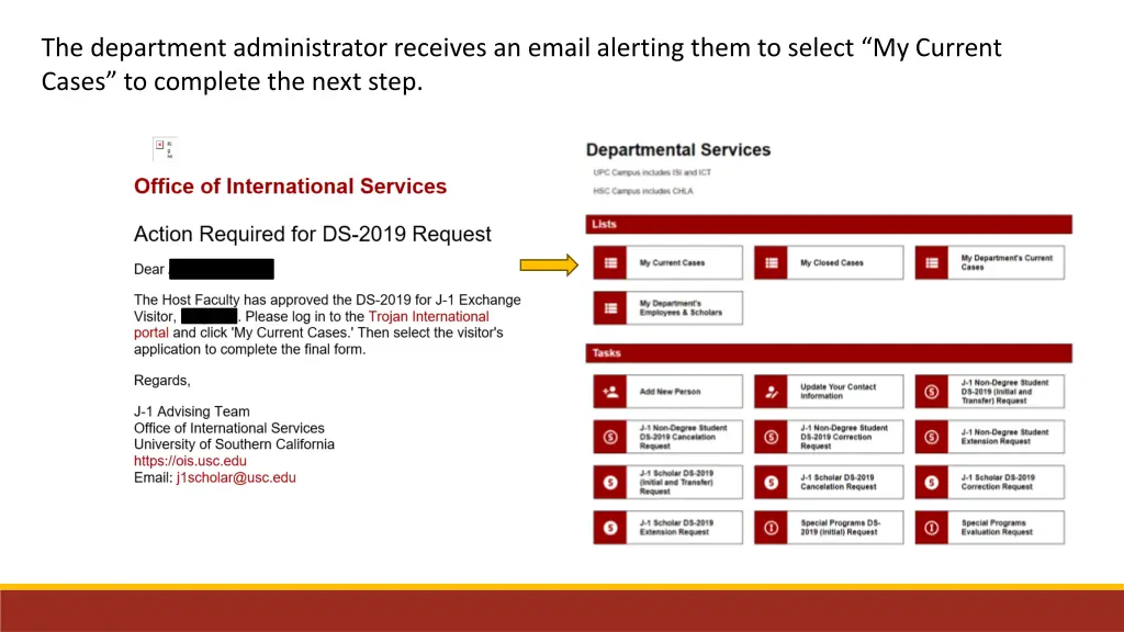 the department administrator receives an email