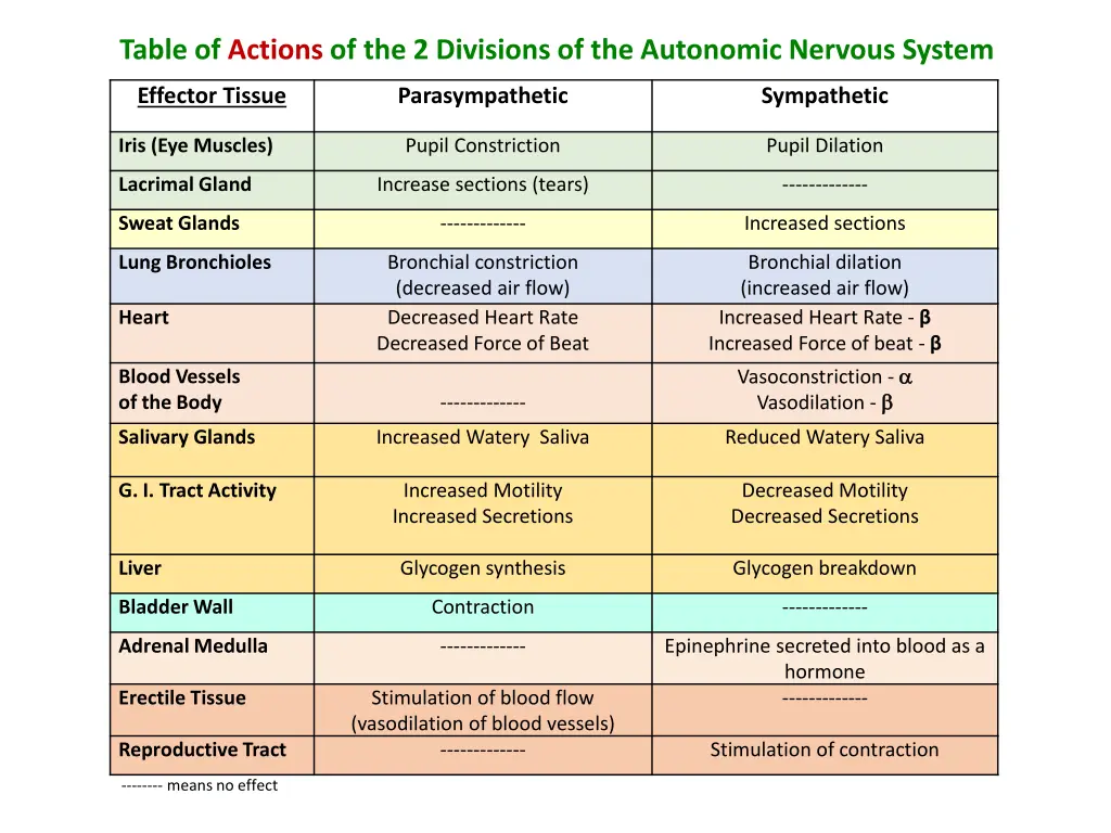 table of actions of the 2 divisions