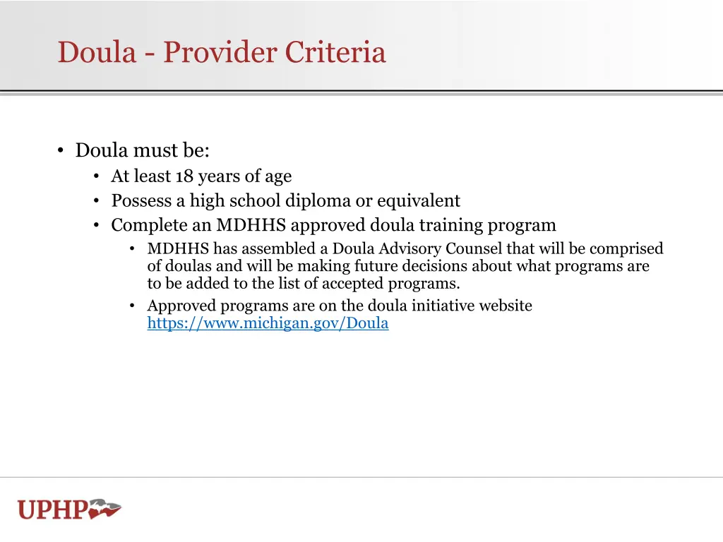 doula provider criteria