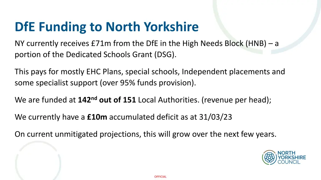 dfe funding to north yorkshire