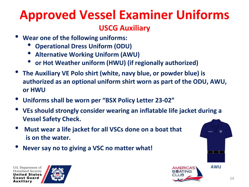 approved vessel examiner uniforms uscg auxiliary