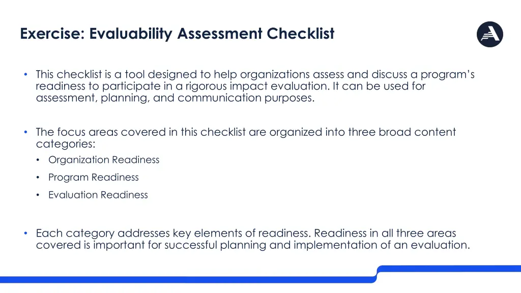 exercise evaluability assessment checklist