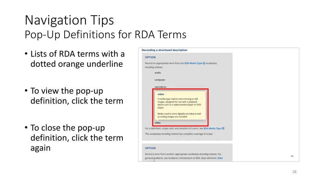 navigation tips pop up definitions for rda terms
