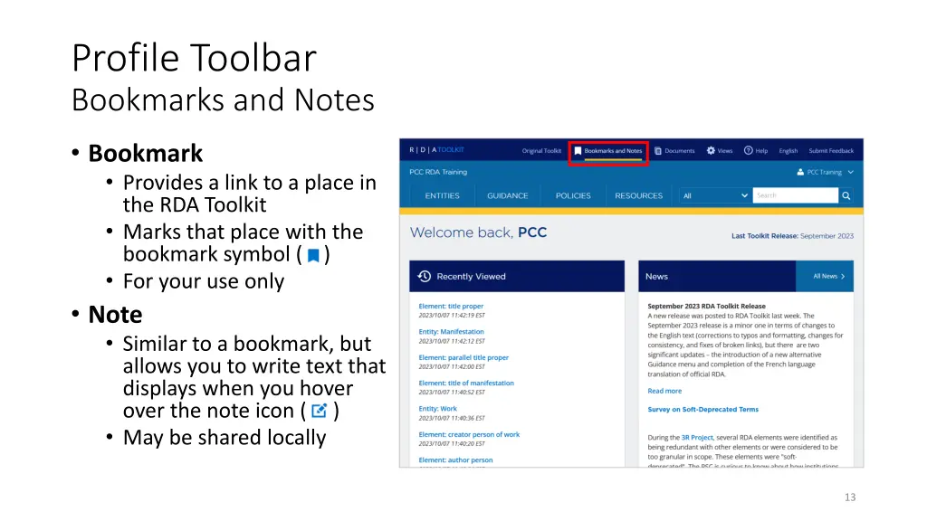 profile toolbar bookmarks and notes