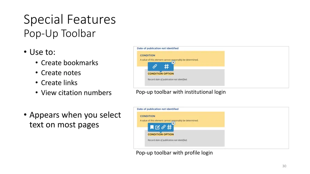 special features pop up toolbar