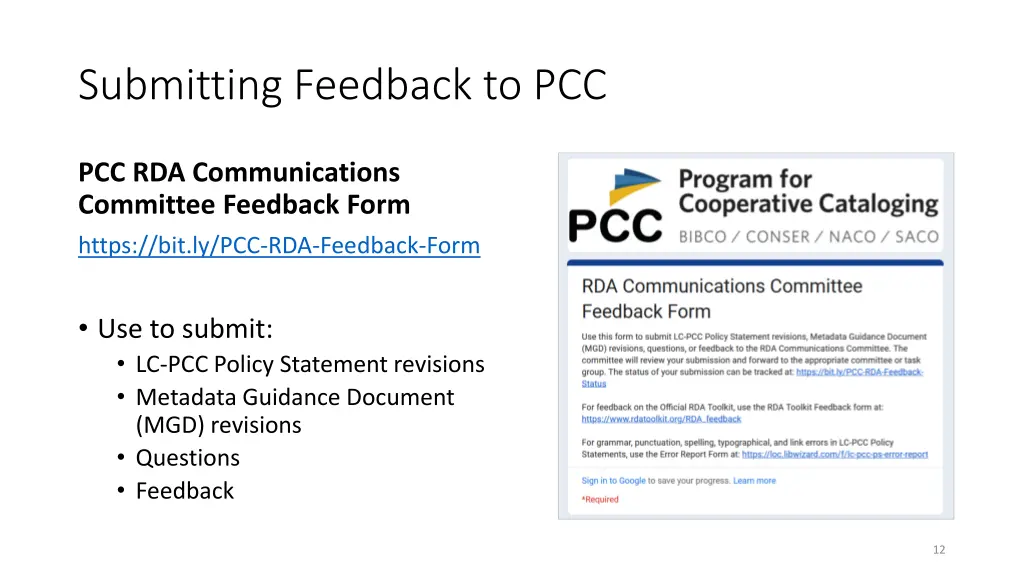 submitting feedback to pcc