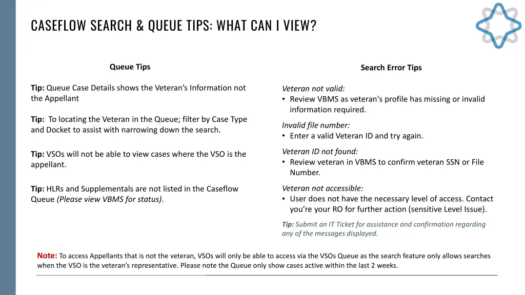 caseflow search queue tips what can i view