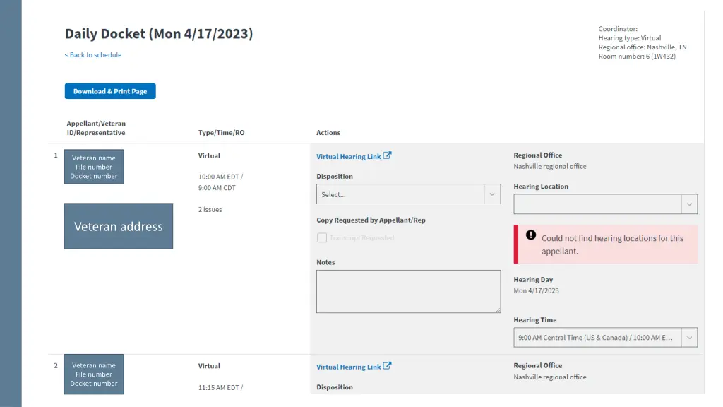 veteran name file number docket number